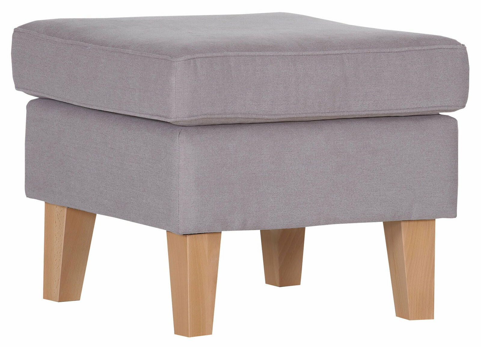 Grauer Hocker mit Holzbeinen, seitliche Perspektive