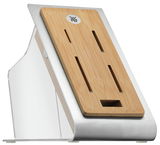Moderner Messerblock aus Holz und Metall mit seitlicher Perspektive