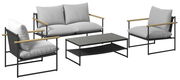 Gartenlounge-Set mit zwei Sesseln, einem Sofa und einem Tisch aus der Perspektive von vorne. Die Möbel haben graue Kissen und schwarze Metallrahmen mit Holzarmlehnen.