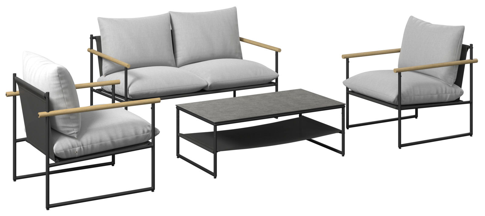 Gartenlounge-Set mit zwei Sesseln, einem Sofa und einem Tisch aus der Perspektive von vorne. Die Möbel haben graue Kissen und schwarze Metallrahmen mit Holzarmlehnen.