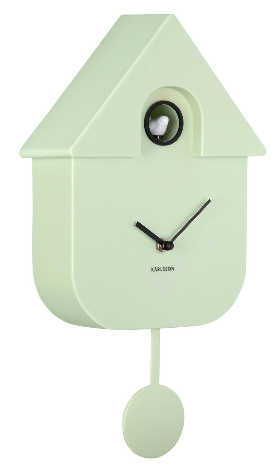 Moderne Wanduhr in Form eines Vogelhauses mit Pendel, hellgrün, seitliche Perspektive