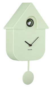 Moderne wandklok in de vorm van een vogelhuisje met slinger, lichtgroen, zijaanzicht
