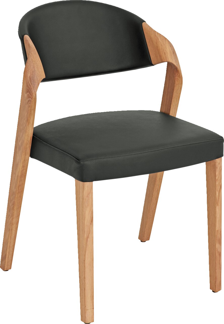 Moderner Stuhl mit schwarzem Sitz und Rückenlehne aus Leder, kombiniert mit Holzbeinen, seitliche Perspektive