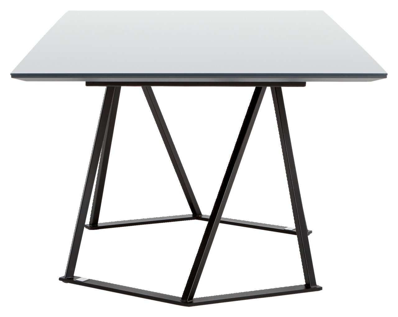 Moderner Esstisch mit schwarzem Metallgestell und weißer Tischplatte, seitliche Perspektive
