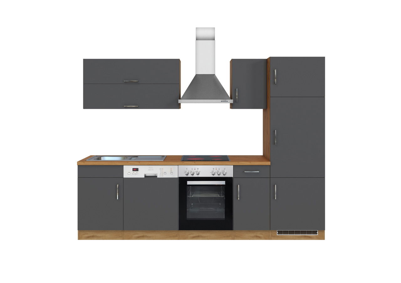 Moderne Küchenzeile in dunklem Grau mit Holzakzenten, bestehend aus Hängeschränken, Herd, Spüle und Dunstabzugshaube, frontal betrachtet.