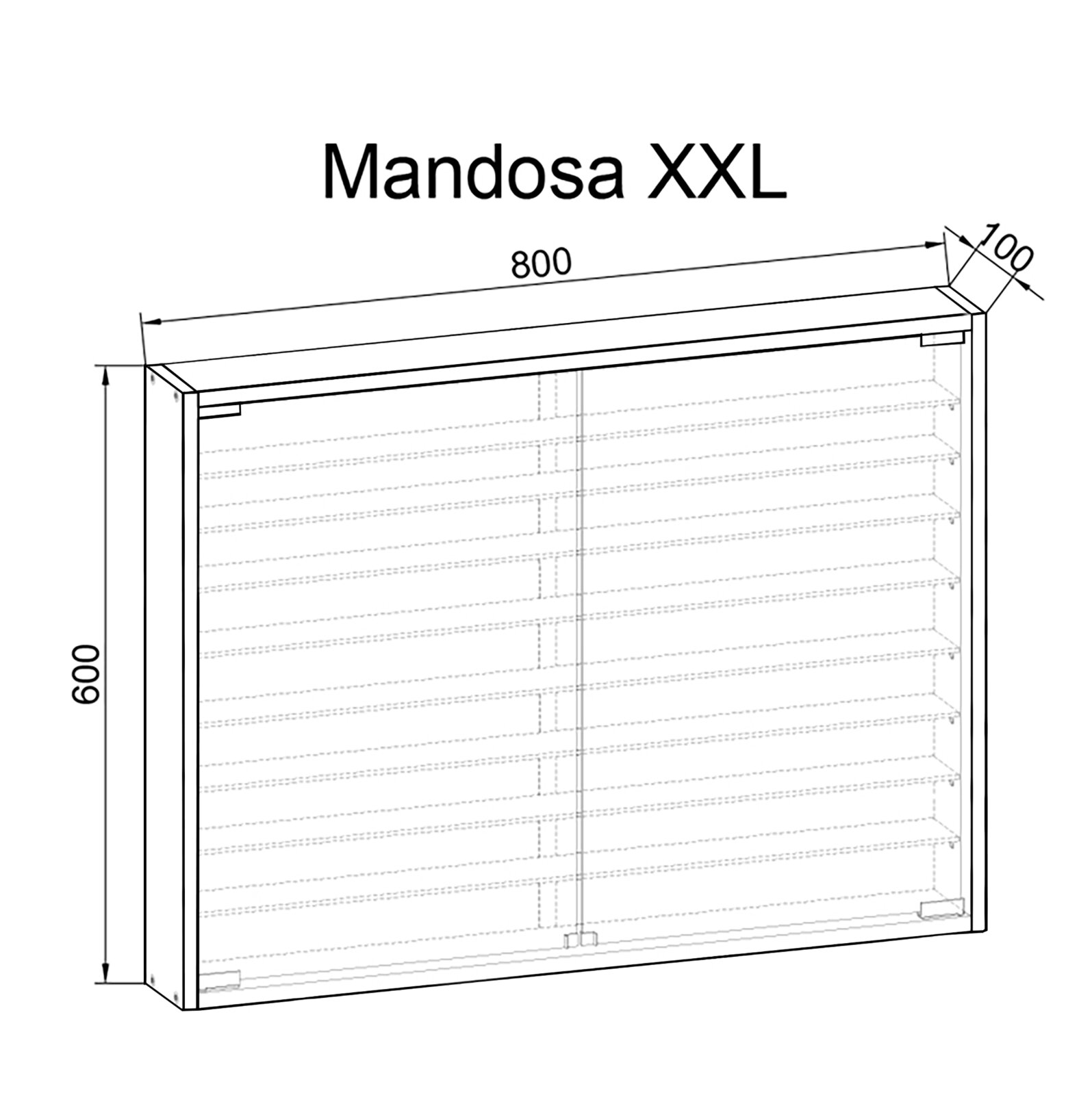 Technische Zeichnung eines Wandregals/Schranks „Mandosa XXL“ mit Maßangaben (ca. 800 mm Breite, 600 mm Höhe, 100 mm Tiefe), in schräger Frontansicht von oben.