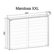Technische Zeichnung eines Wandregals/Schranks „Mandosa XXL“ mit Maßangaben (ca. 800 mm Breite, 600 mm Höhe, 100 mm Tiefe), in schräger Frontansicht von oben.