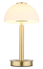 Elegante Tischleuchte mit goldfarbenem Standfuß und weißem, halbkugelförmigem Lampenschirm, seitliche Perspektive.