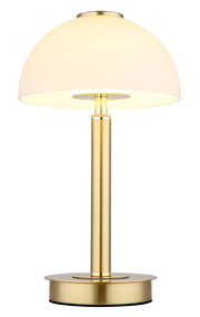 Elegante Tischleuchte mit goldfarbenem Standfuß und weißem, halbkugelförmigem Lampenschirm, seitliche Perspektive.