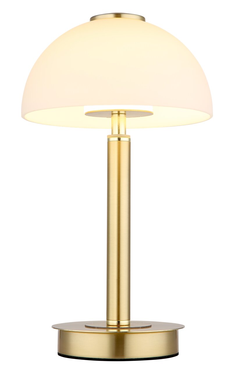 Elegante tafellamp met goudkleurige voet en witte, halfronde lampenkap, gezien vanaf de zijkant.