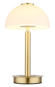 Elegante Tischleuchte mit goldfarbenem Standfuß und weißem, halbkugelförmigem Lampenschirm, seitliche Perspektive.