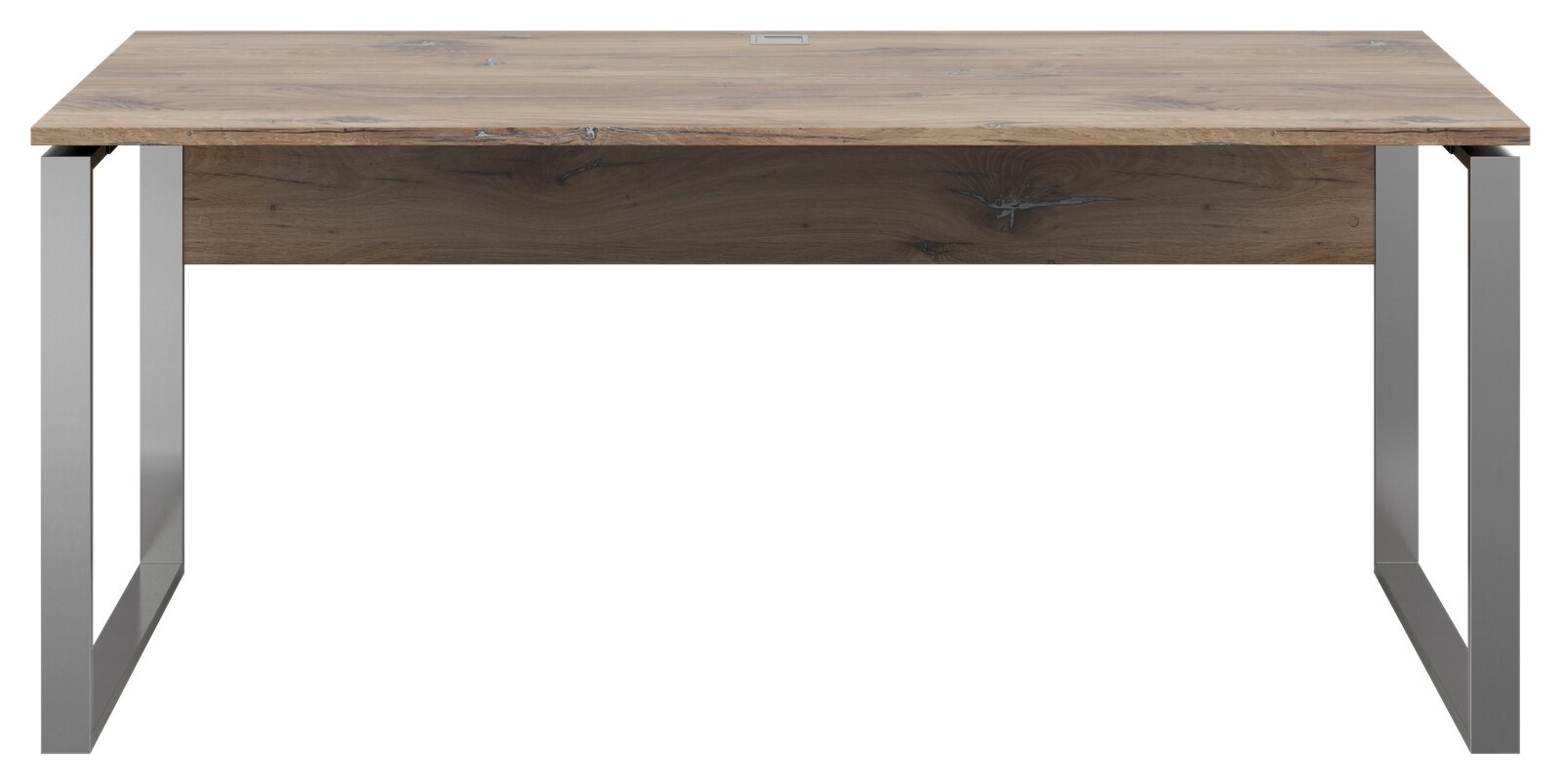 Moderner Schreibtisch mit Holzplatte und Metallbeinen, Frontalansicht