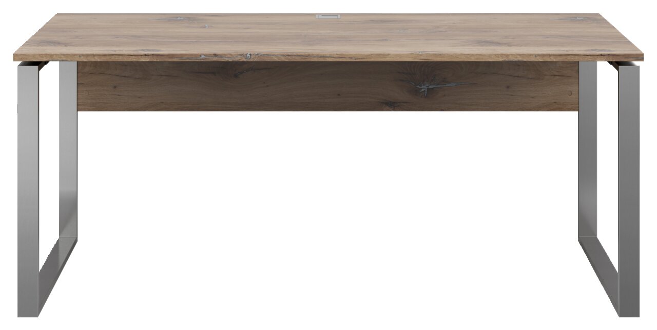 Moderner Schreibtisch mit Holzplatte und Metallbeinen, Frontalansicht