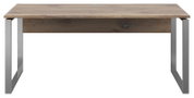 Moderner Schreibtisch mit Holzplatte und Metallbeinen, Frontalansicht