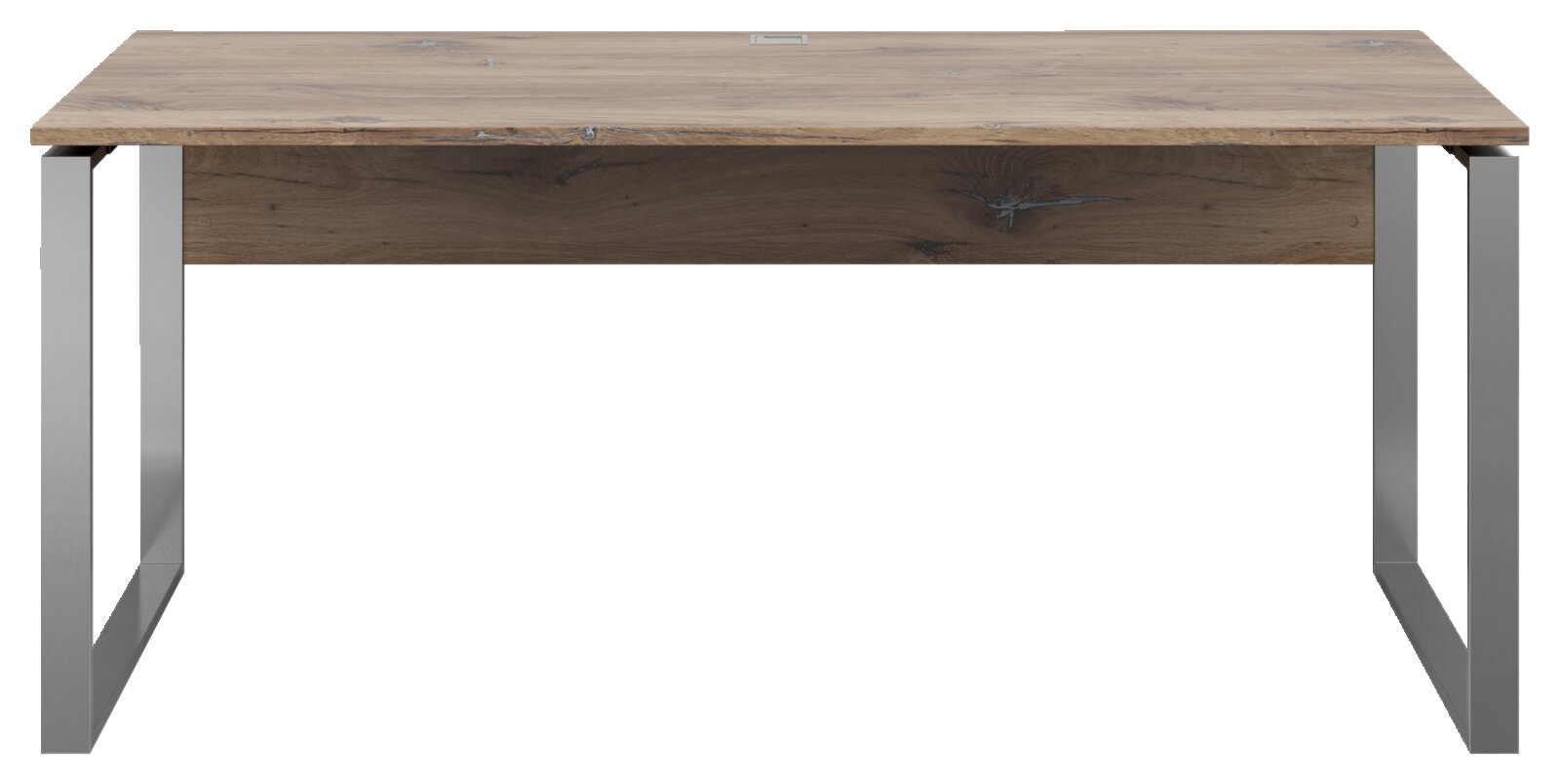 Moderner Schreibtisch mit Holzplatte und Metallbeinen, Frontalansicht