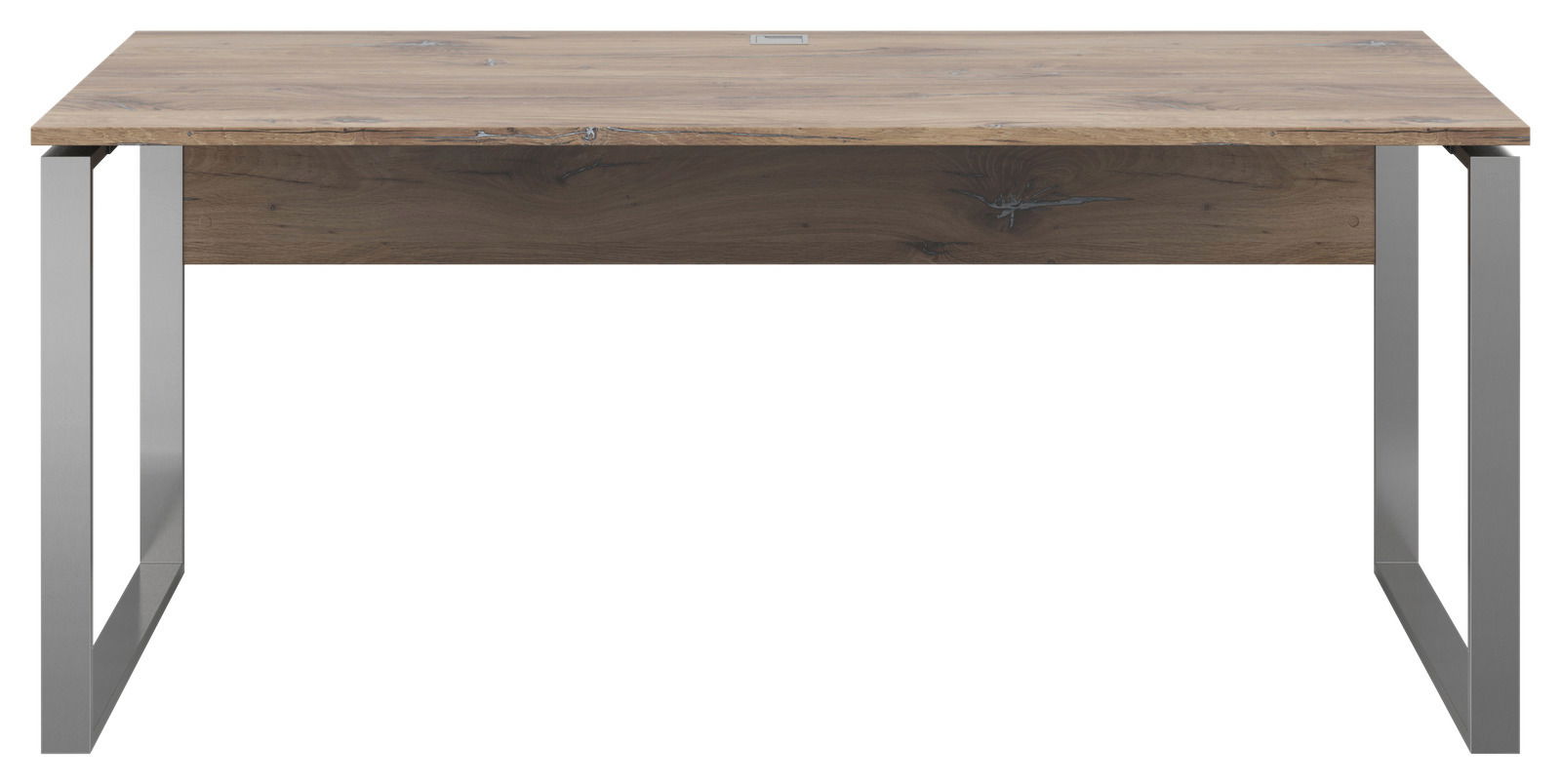 Moderner Schreibtisch mit Holzplatte und Metallbeinen, Frontalansicht