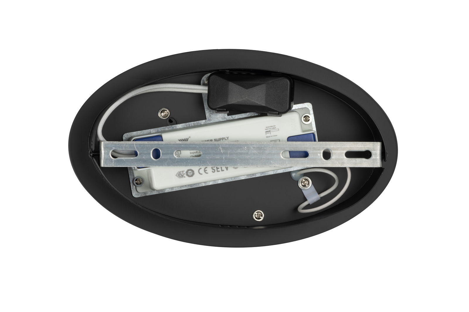 Rückansicht einer LED-Deckenleuchte mit sichtbarer Verkabelung und Montagehalterung.