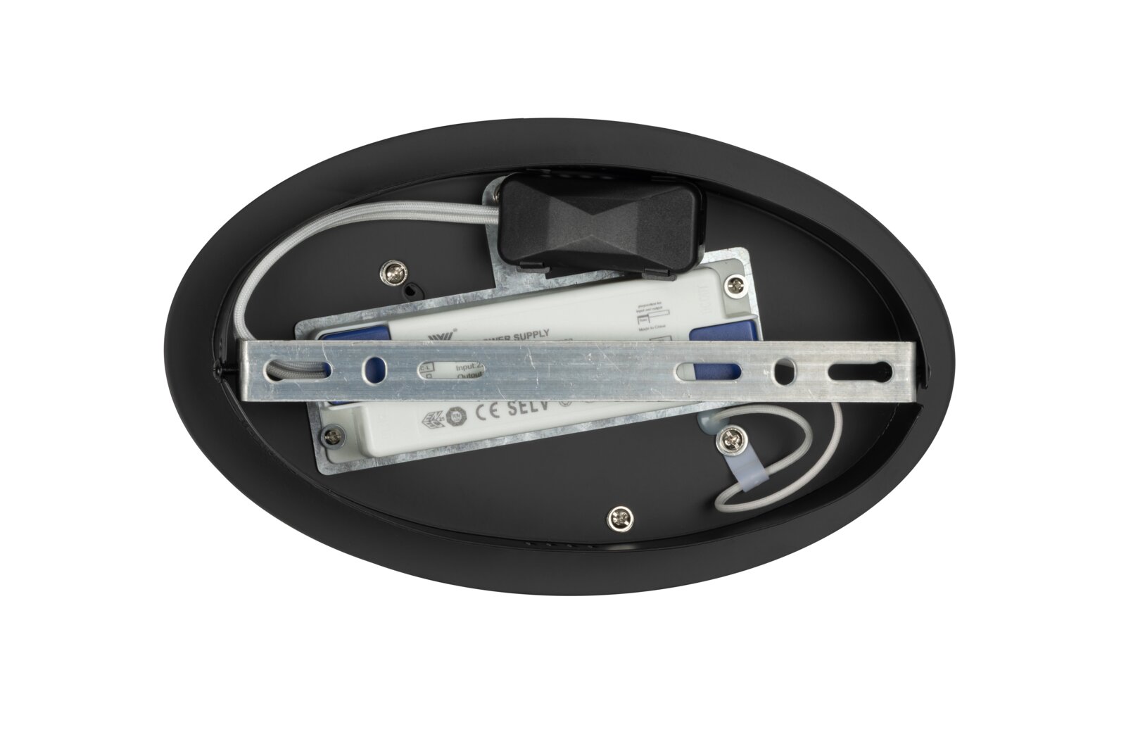 Rückansicht einer LED-Deckenleuchte mit sichtbarer Verkabelung und Montagehalterung.