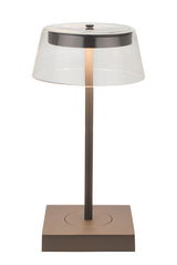 Moderne LED-Tischleuchte mit transparentem Schirm und braunem Sockel, seitliche Perspektive