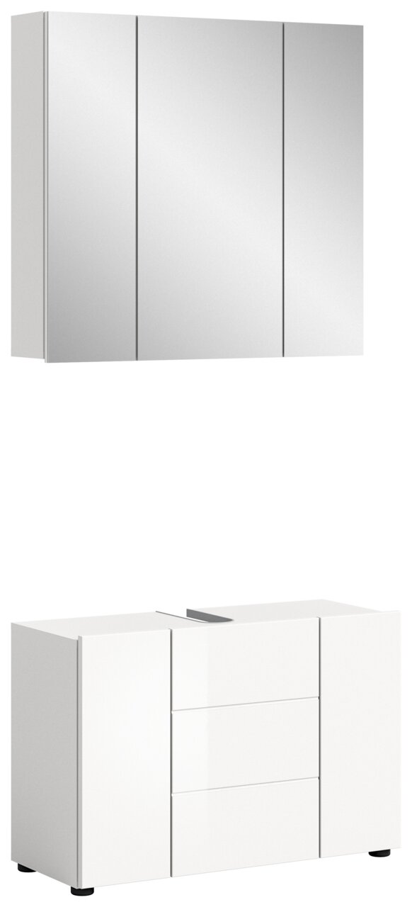MID.YOU Badkamercombinatie VIRA Moderne Badkombination mit Spiegelschrank und Unterschrank in weißer Hochglanzoptik, frontale Ansicht.
