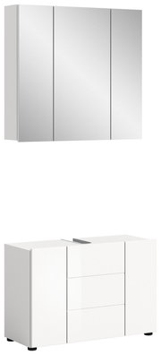 Moderne Badkombination mit Spiegelschrank und Unterschrank in weißer Hochglanzoptik, frontale Ansicht.