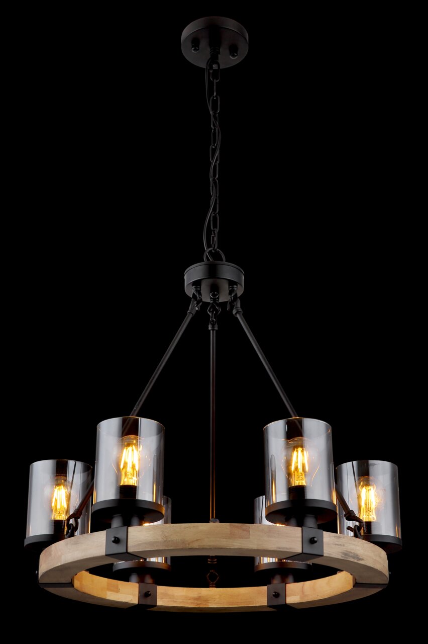 Hängeleuchte mit fünf Glühbirnen in zylindrischen Glasfassungen, montiert auf einem runden Holzrahmen, von unten betrachtet.