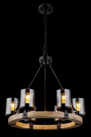 Hängeleuchte mit fünf Glühbirnen in zylindrischen Glasfassungen, montiert auf einem runden Holzrahmen, von unten betrachtet.