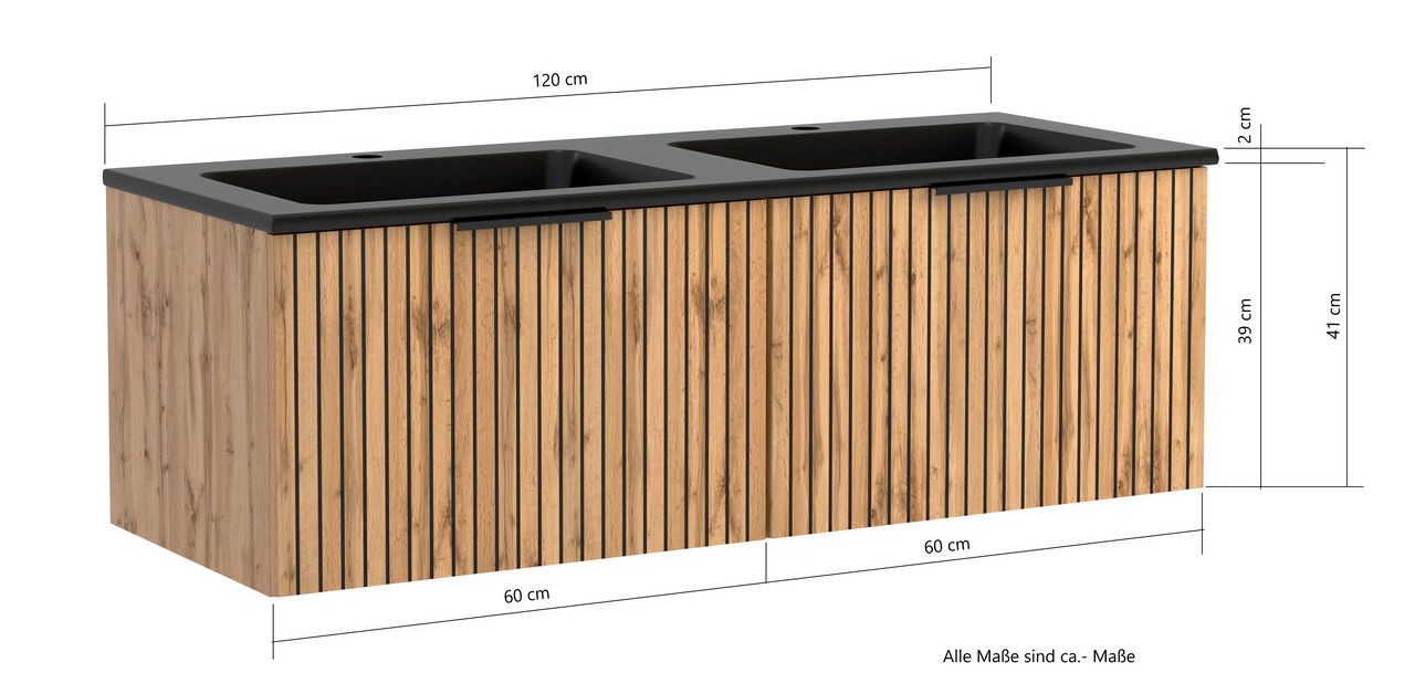 Frontansicht eines modernen Waschtisch-Sets mit zwei Waschbecken, 120 cm breit, mit Holzoptik und schwarzen Details.