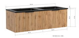Frontansicht eines modernen Waschtisch-Sets mit zwei Waschbecken, 120 cm breit, mit Holzoptik und schwarzen Details.