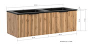 Frontansicht eines modernen Waschtisch-Sets mit zwei Waschbecken, 120 cm breit, mit Holzoptik und schwarzen Details.
