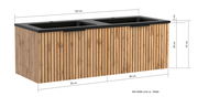 Frontansicht eines modernen Waschtisch-Sets mit zwei Waschbecken, 120 cm breit, mit Holzoptik und schwarzen Details.