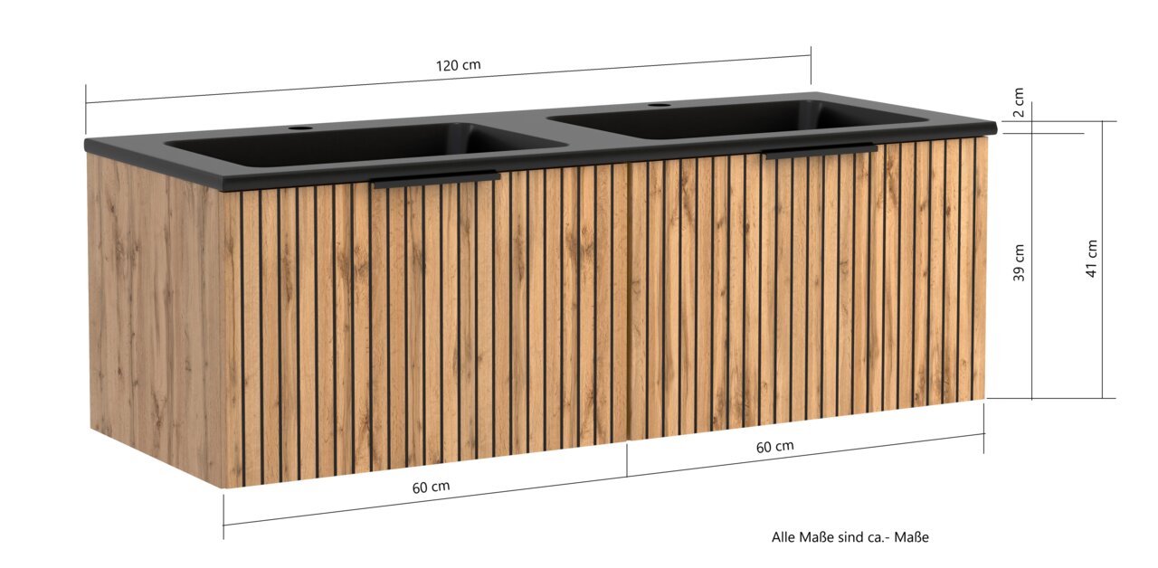 Frontansicht eines modernen Waschtisch-Sets mit zwei Waschbecken, 120 cm breit, mit Holzoptik und schwarzen Details.