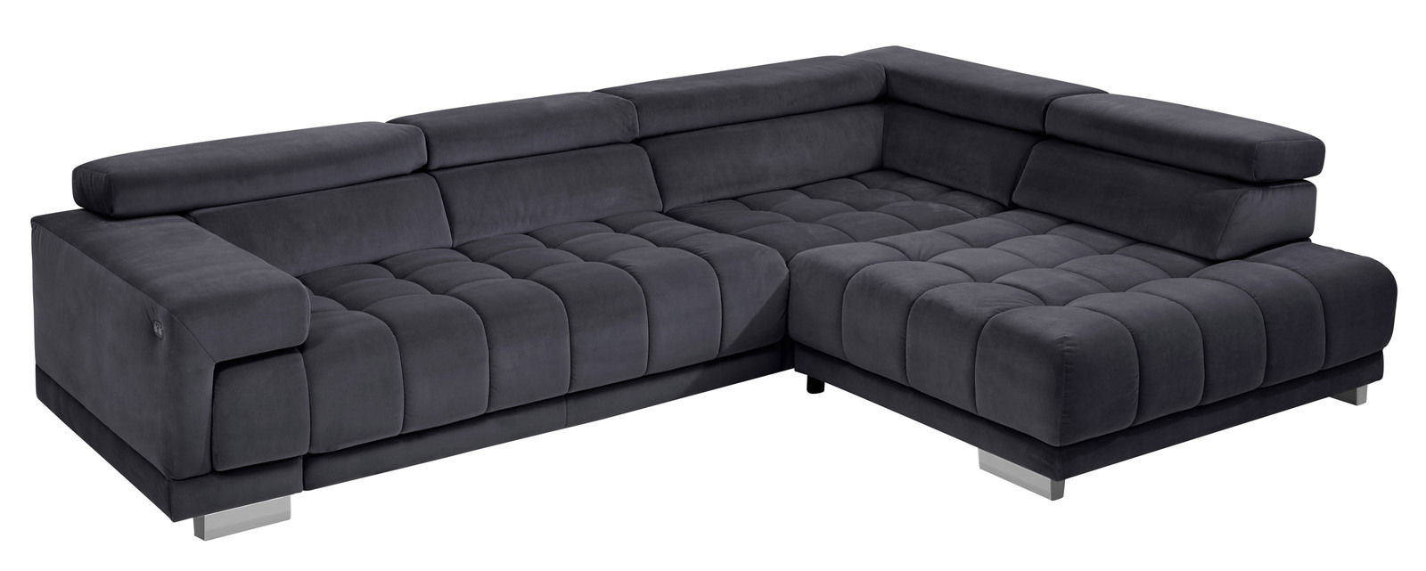 Ecksofa in dunklem Stoff mit moderner Polsterung, Ansicht von schräg vorne.