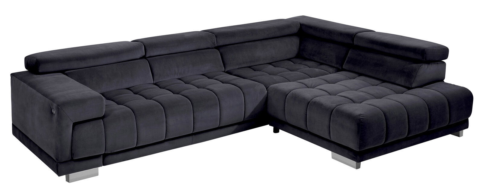 Ecksofa in dunklem Stoff mit moderner Polsterung, Ansicht von schräg vorne.