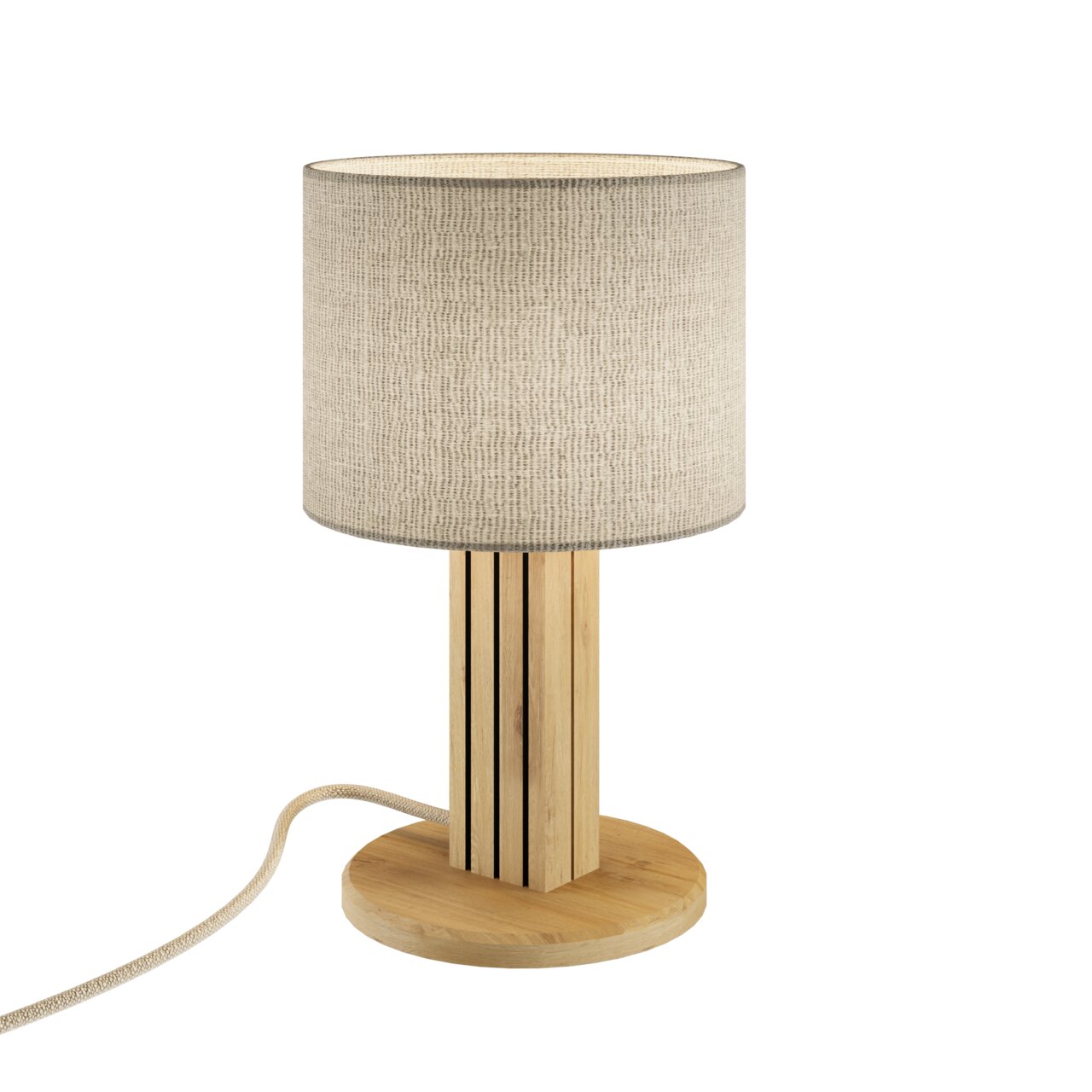 Moderne Tischleuchte mit zylindrischem Stoffschirm und Holzfuß, seitliche Perspektive