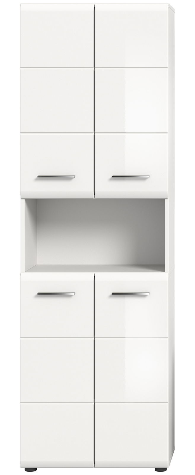 Moderner weißer Hochschrank mit vier Türen und einem offenen Fach, Frontansicht