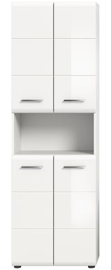 Moderner weißer Hochschrank mit vier Türen und einem offenen Fach, Frontansicht