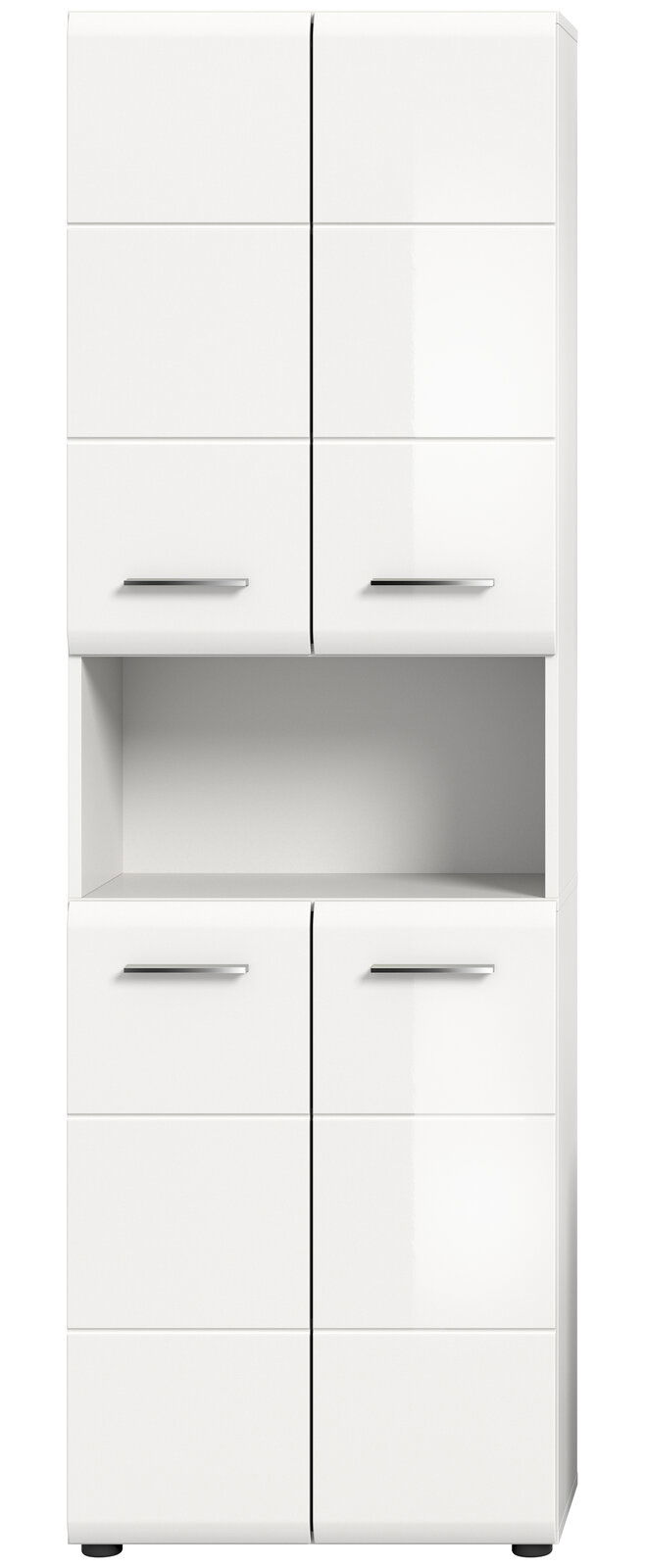 Moderner weißer Hochschrank mit vier Türen und einem offenen Fach, Frontansicht