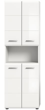 Moderner weißer Hochschrank mit vier Türen und einem offenen Fach, Frontansicht