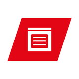 Rotes, sechseckiges Logo mit einem weißen Symbol in der Mitte, das ein Dokument darstellt, Vorderansicht