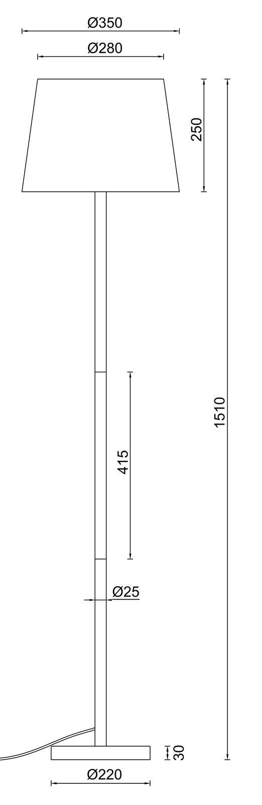 Technische Zeichnung einer Stehleuchte mit zylindrischem Ständer und konischem Lampenschirm, Seitenansicht.