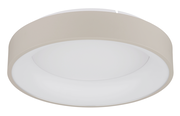 Runde LED-Deckenleuchte in seitlicher Perspektive, modernes Design in Beige und Weiß.