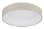Runde LED-Deckenleuchte in seitlicher Perspektive, modernes Design in Beige und Weiß.