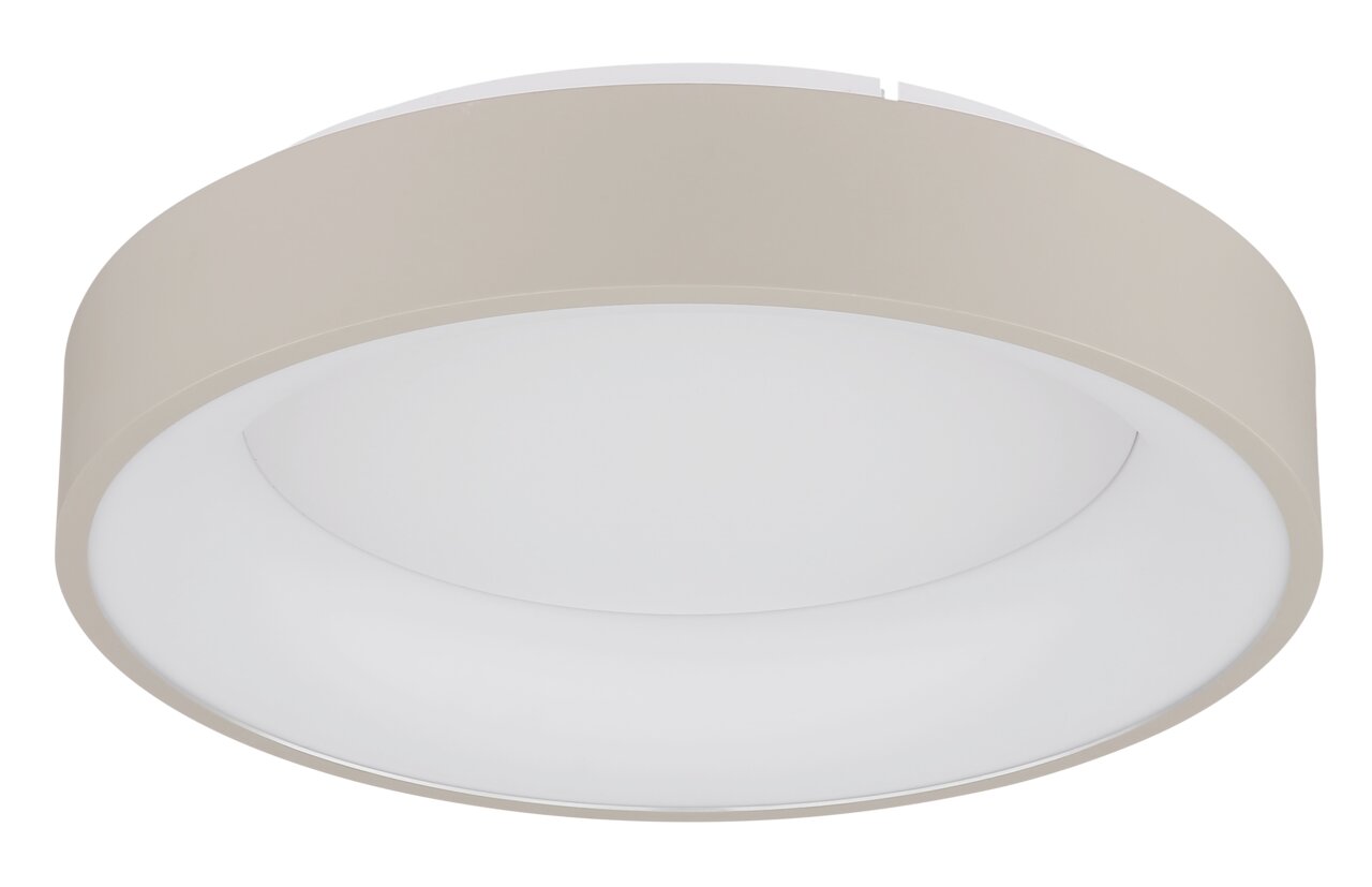 Runde LED-Deckenleuchte in seitlicher Perspektive, modernes Design in Beige und Weiß.