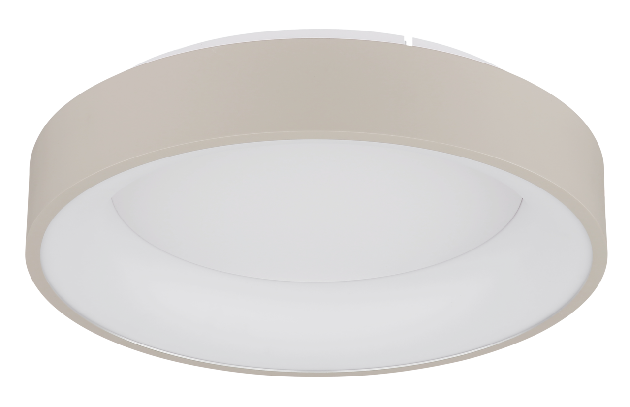 Runde LED-Deckenleuchte in seitlicher Perspektive, modernes Design in Beige und Weiß.
