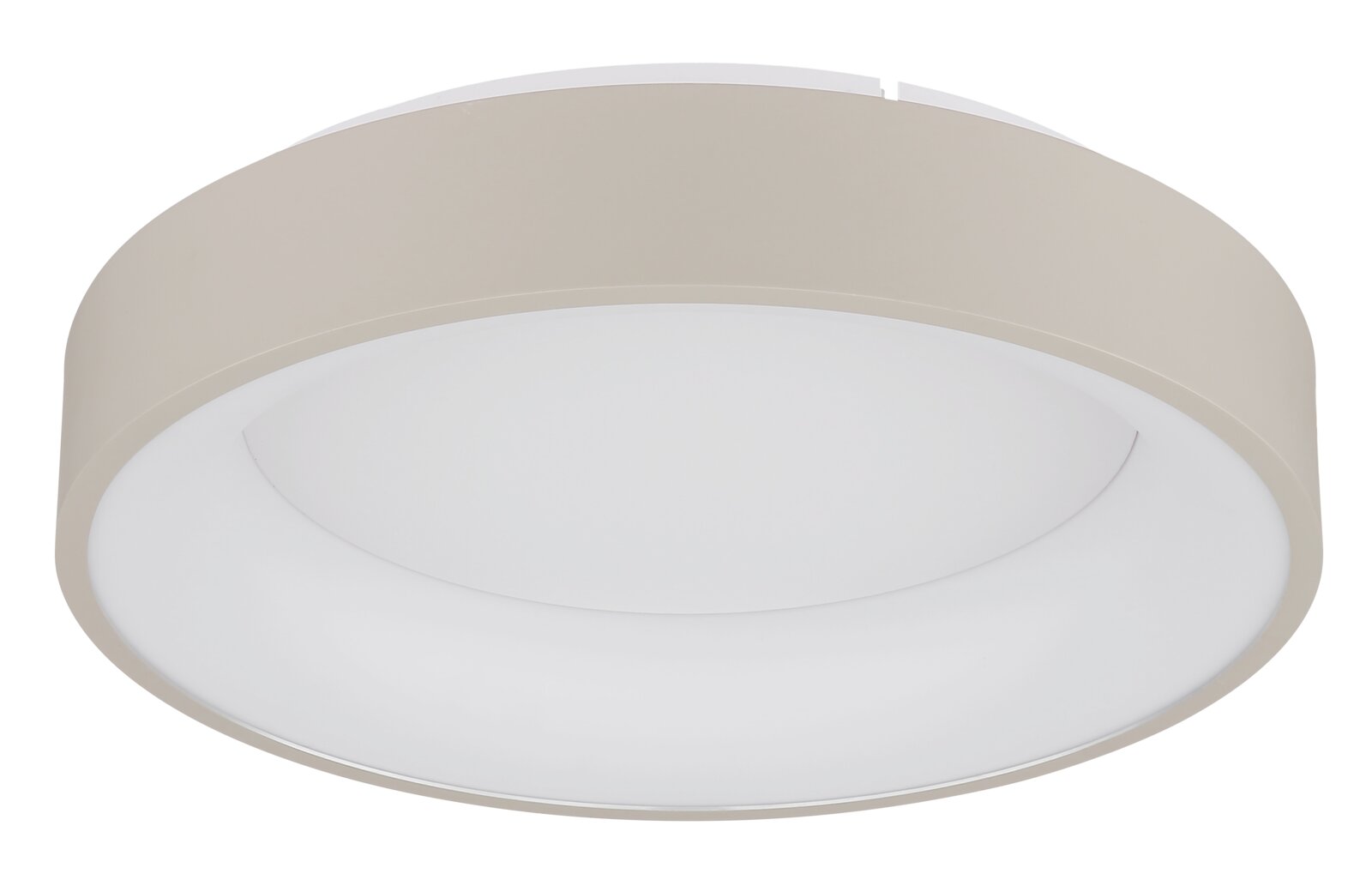 Ronde led-plafondlamp in zijaanzicht, modern ontwerp in beige en wit.
