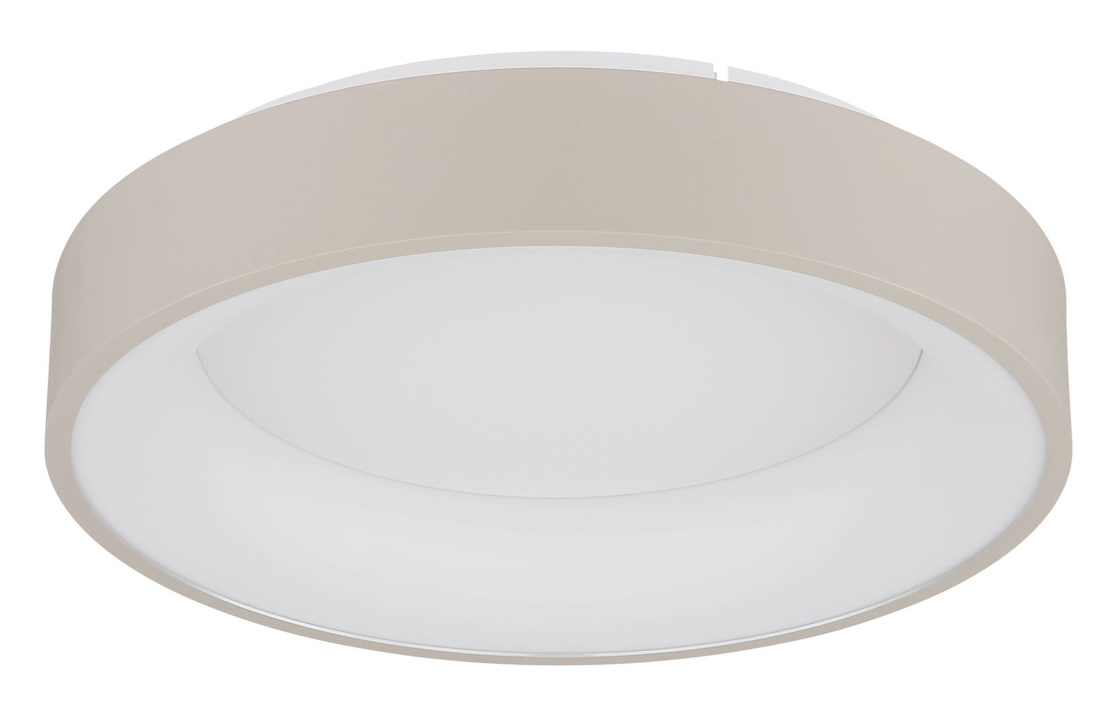 Runde LED-Deckenleuchte in seitlicher Perspektive, modernes Design in Beige und Weiß.