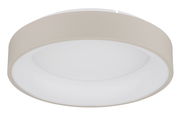 Runde LED-Deckenleuchte in seitlicher Perspektive, modernes Design in Beige und Weiß.