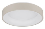 Ronde led-plafondlamp in zijaanzicht, modern ontwerp in beige en wit.