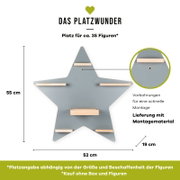 Sternförmiges Wandregal in Grau mit mehreren kleinen Holzleisten als Ablagen, ca. 55 cm hoch und 52 cm breit, mit Vorbohrungen und Montagematerial, Ansicht von vorne.